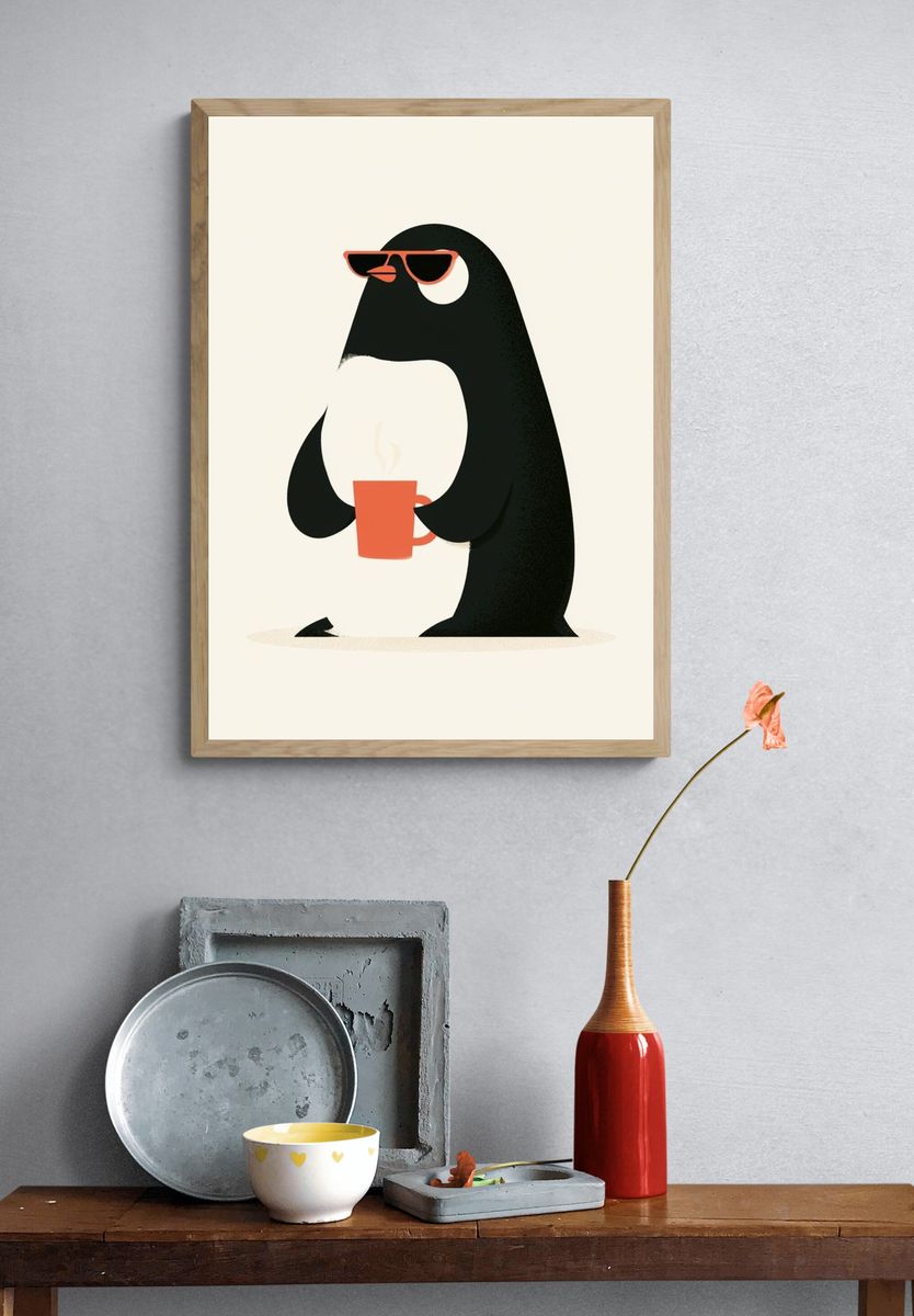 Cool Penguin Coffee Illustration Poster. — room view 3