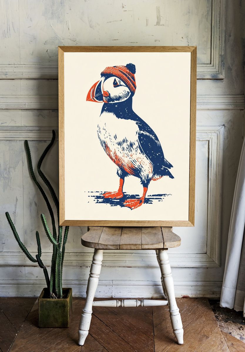 Puffin in Beanie — Illustration Print. — room view 1