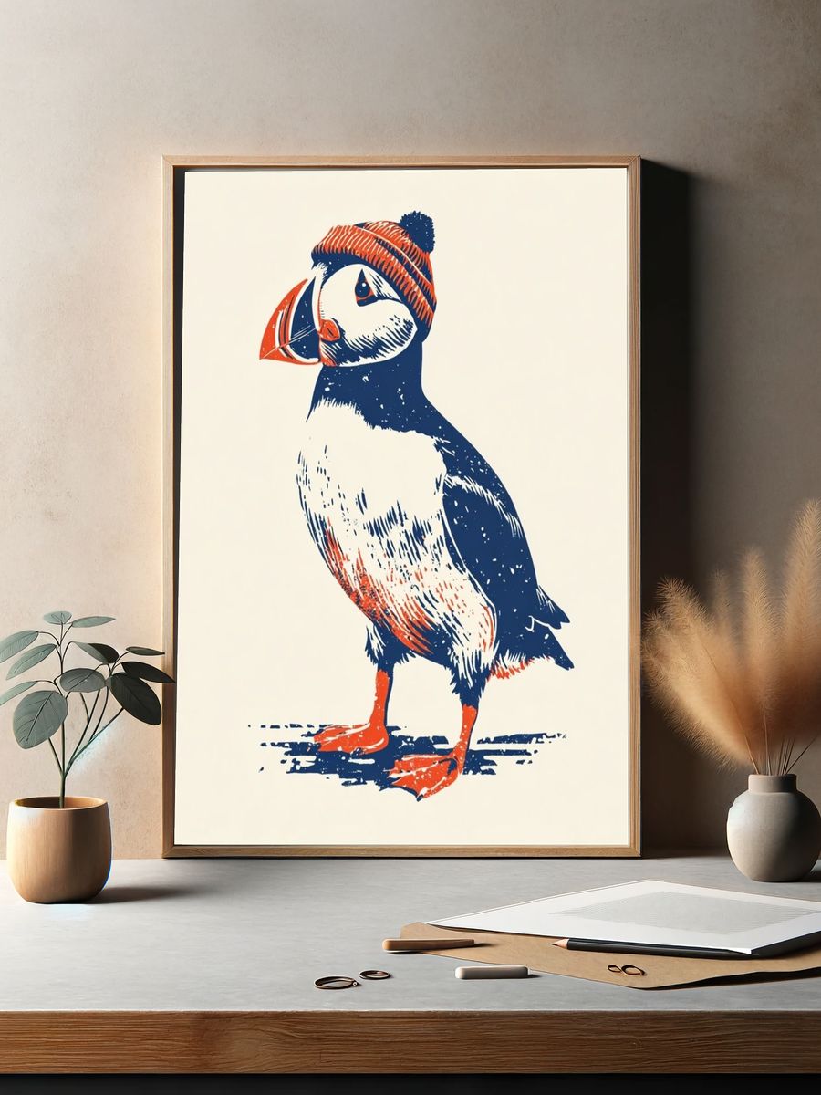 Puffin in Beanie — Illustration Print. — room view 2