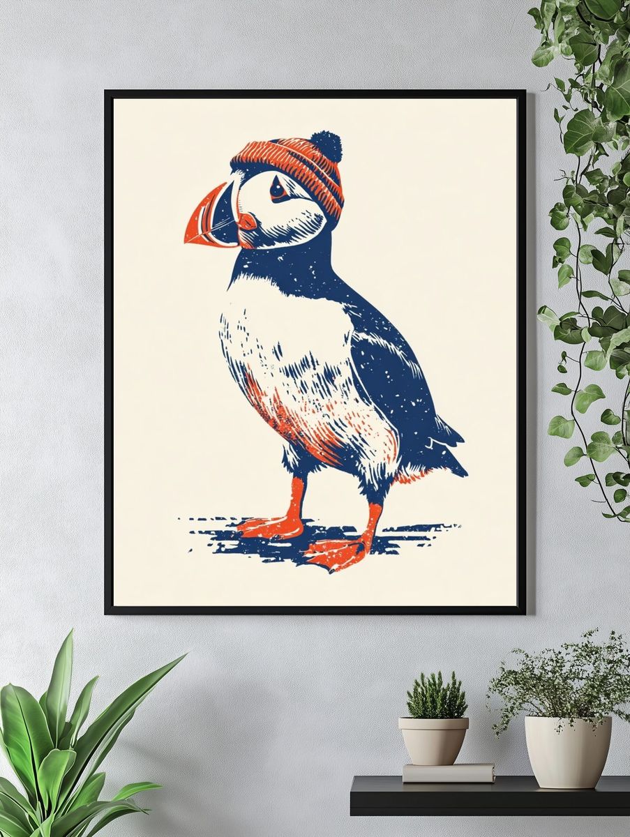 Puffin in Beanie — Illustration Print. — room view 4