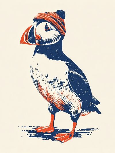 Puffin in Beanie — Illustration Print. poster