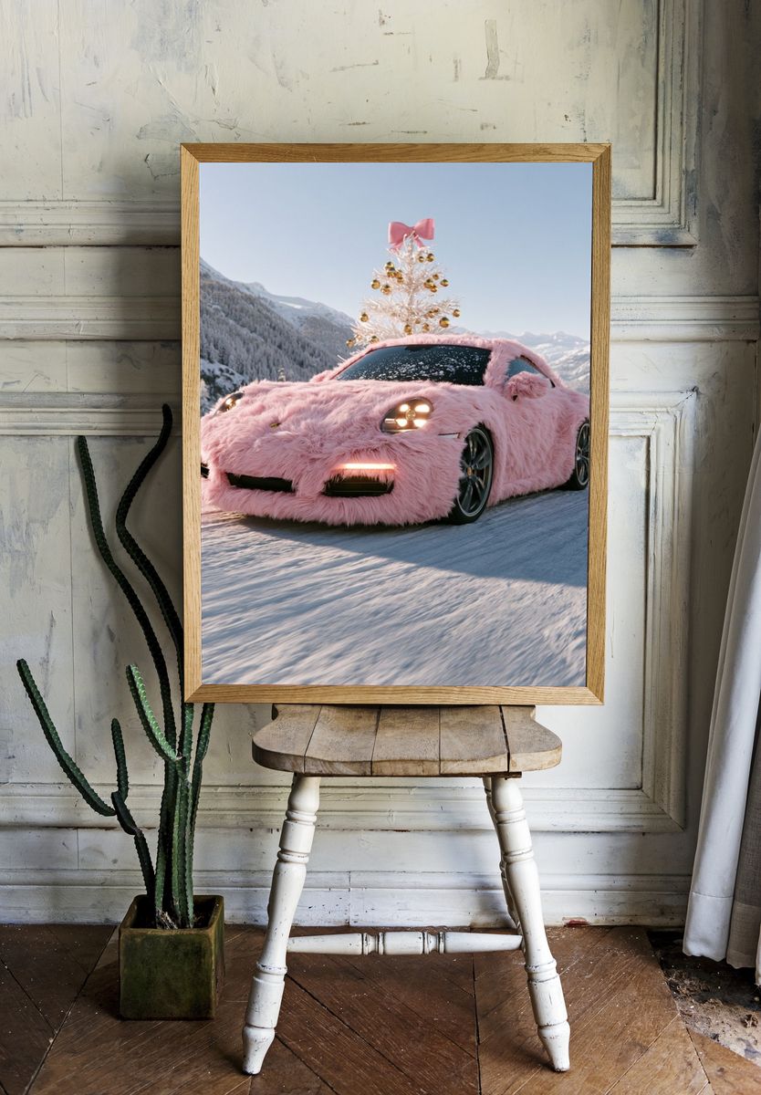 Pink Fur Sports Car Winter Poster. room preview