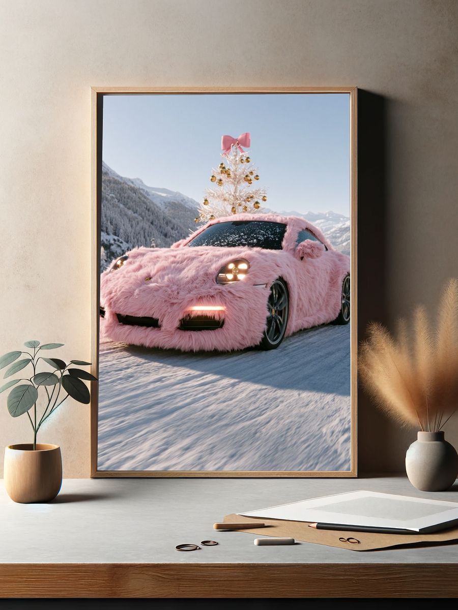 Pink Fur Sports Car Winter Poster. — room view 2