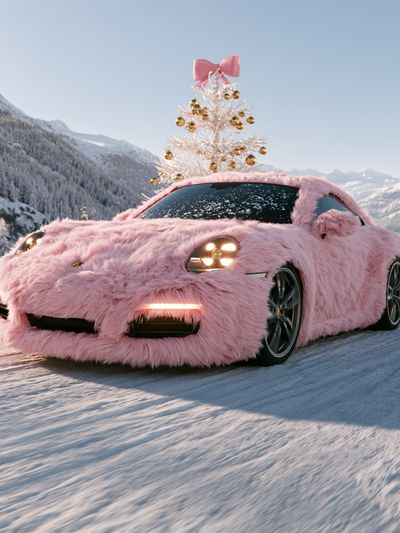 Pink Fur Sports Car Winter Poster.