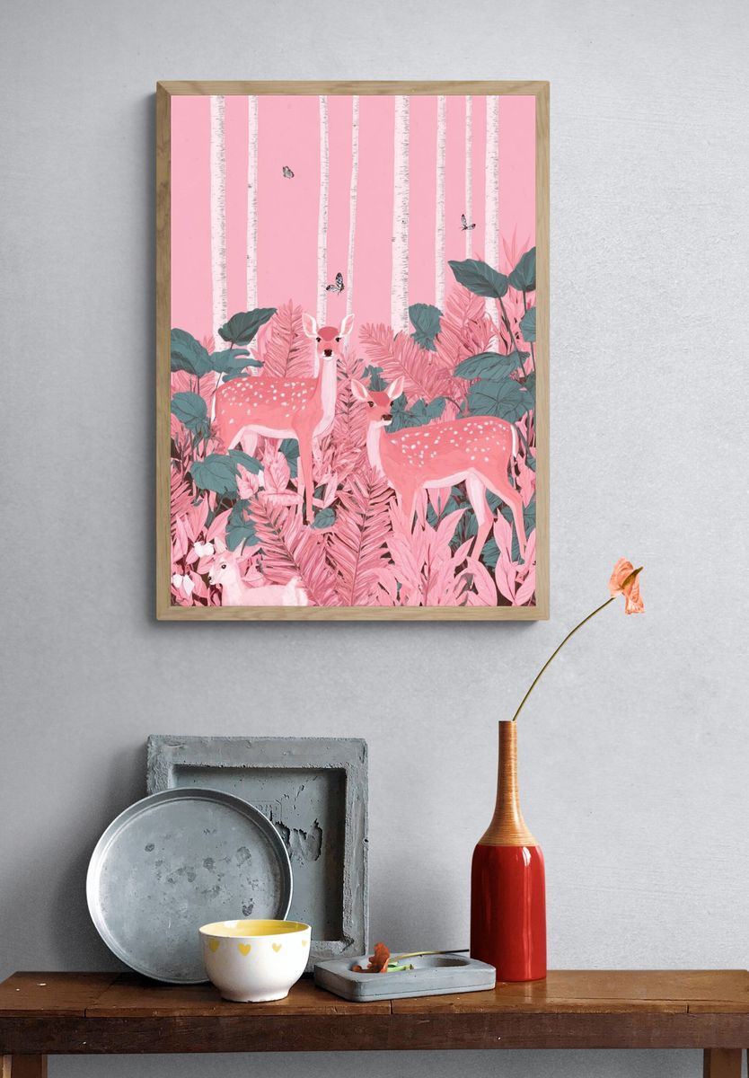 Pink Forest Deer — Illustration Print. — room view 3