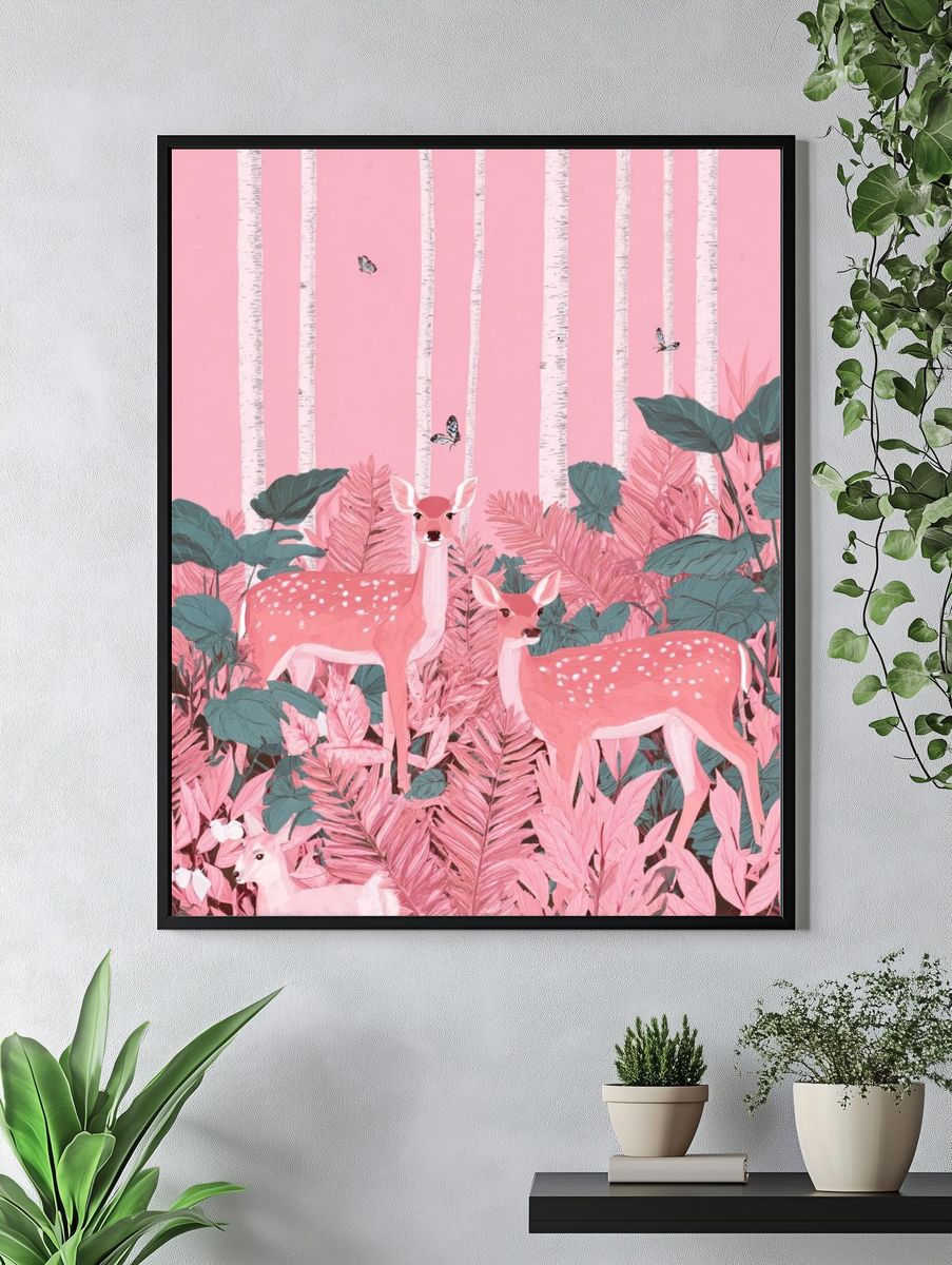 Pink Forest Deer — Illustration Print. — room view 4