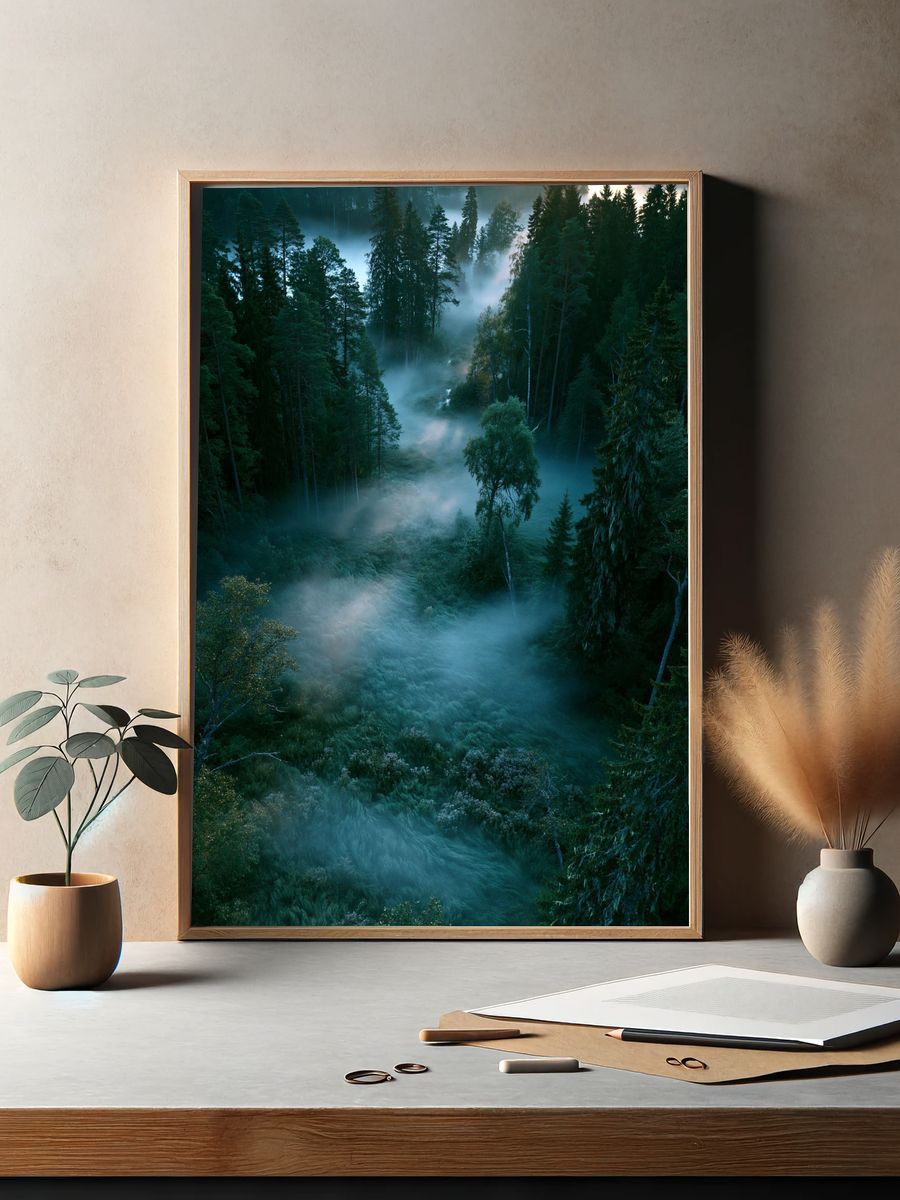 Misty Pine Forest Sunrise Poster. — room view 2