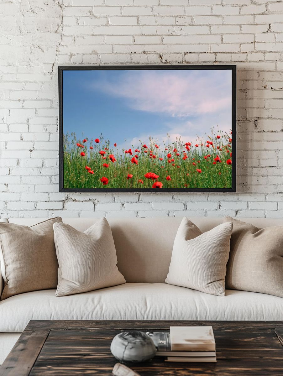Poppy Field Under Blue Sky Poster. — room view 1