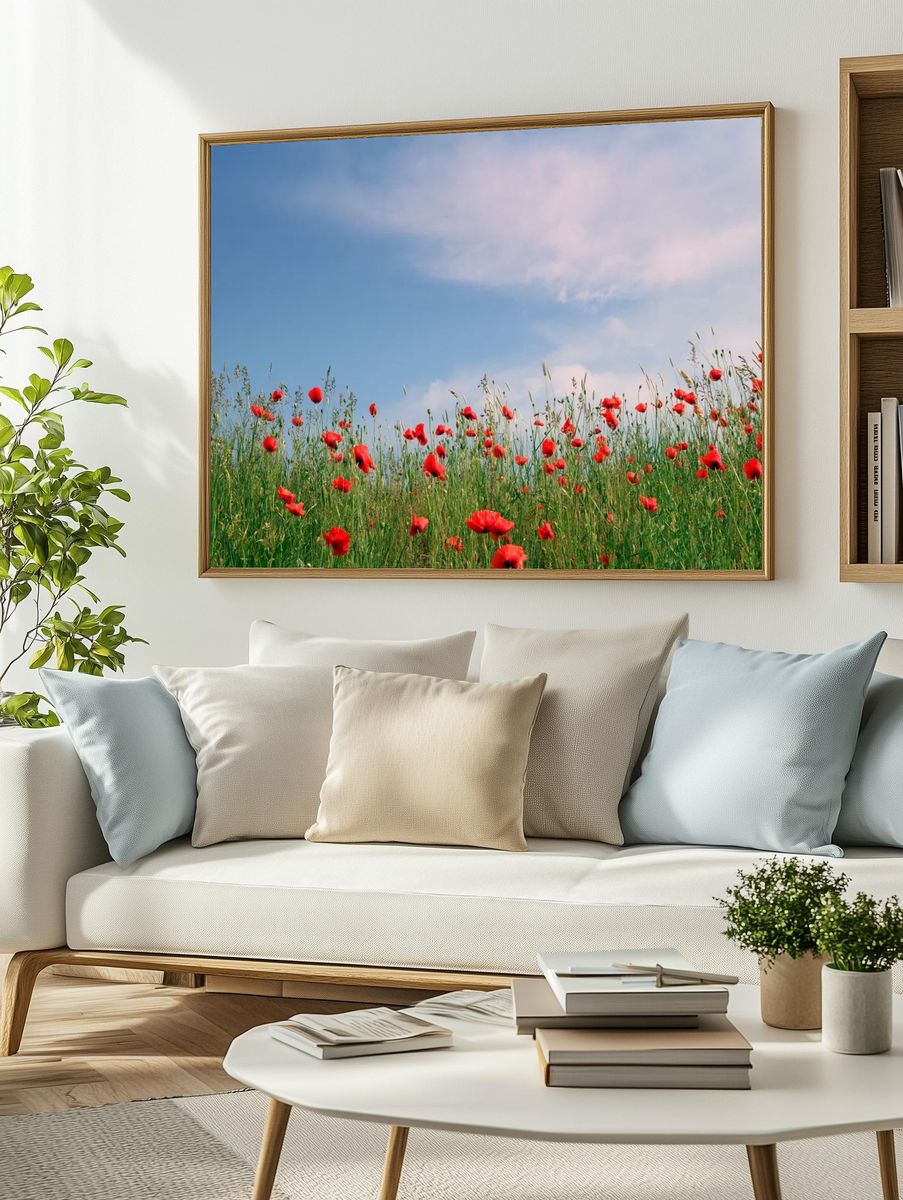 Poppy Field Under Blue Sky Poster. — room view 2