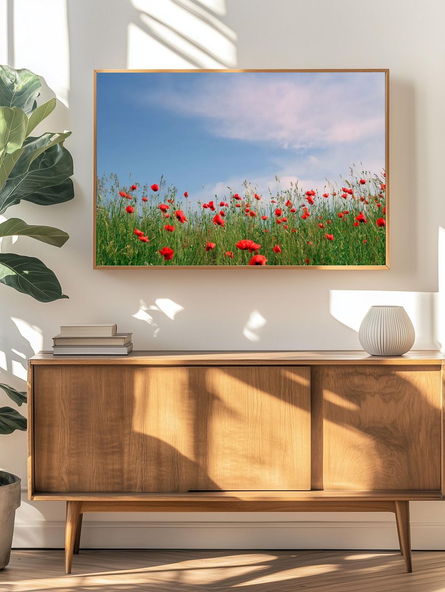 Poppy Field Under Blue Sky Poster. — room view 3