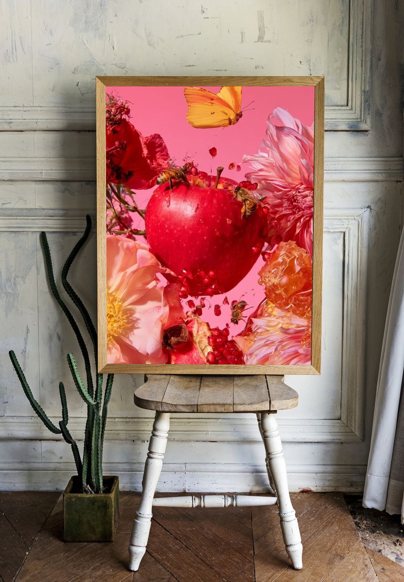 Pink Floral Apple Still Life Poster. room preview