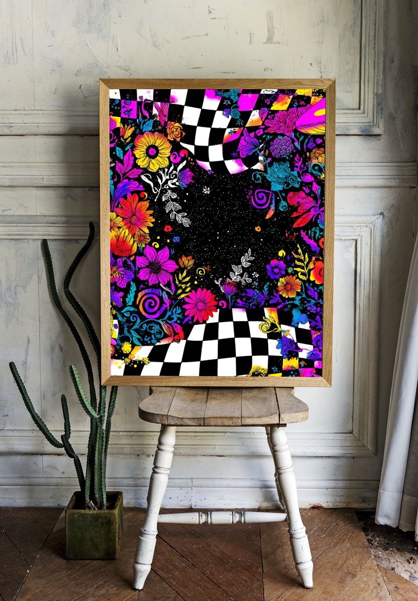 Psychedelic Floral Checkerboard Poster. — room view 1