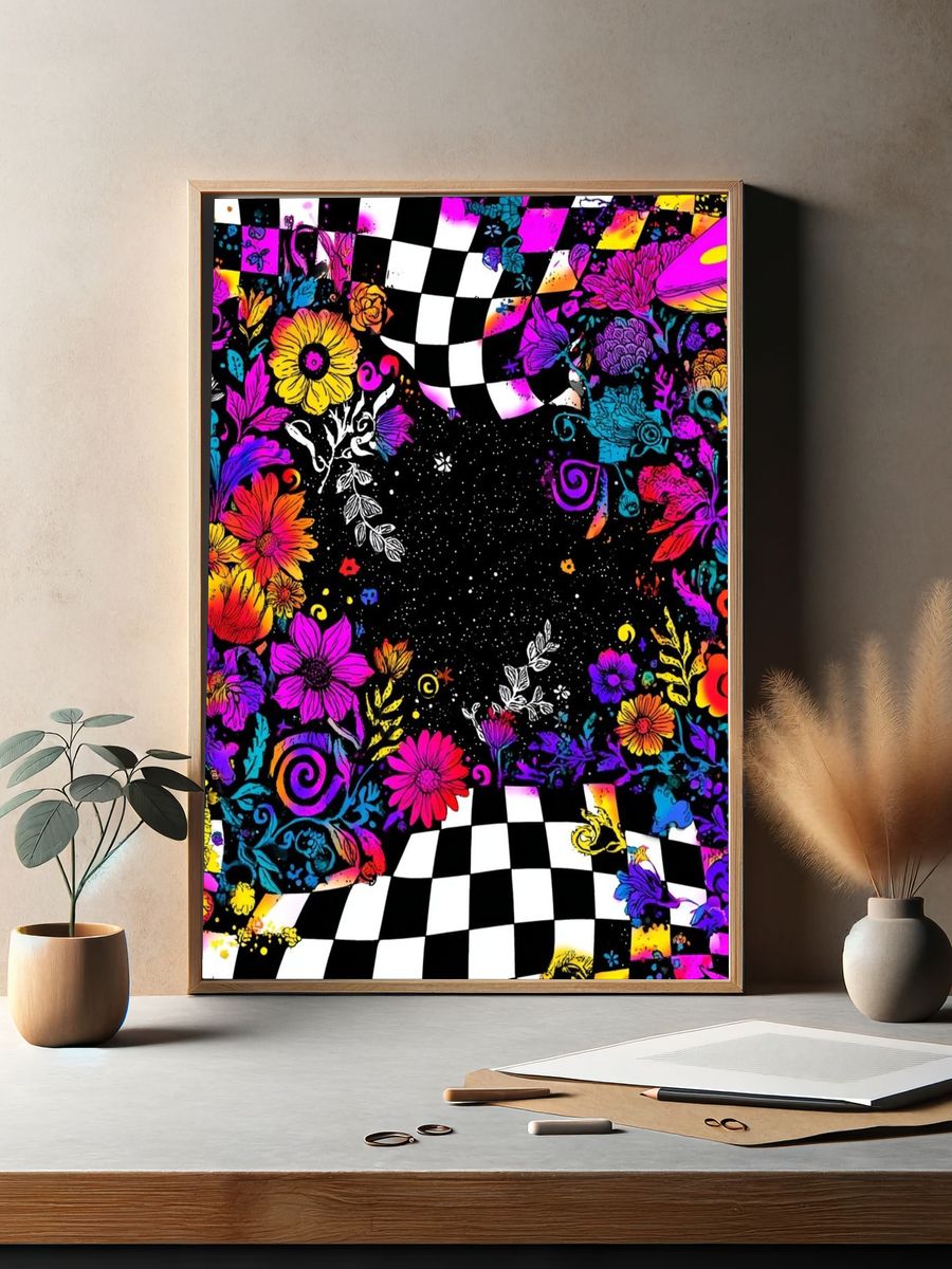 Psychedelic Floral Checkerboard Poster. — room view 2