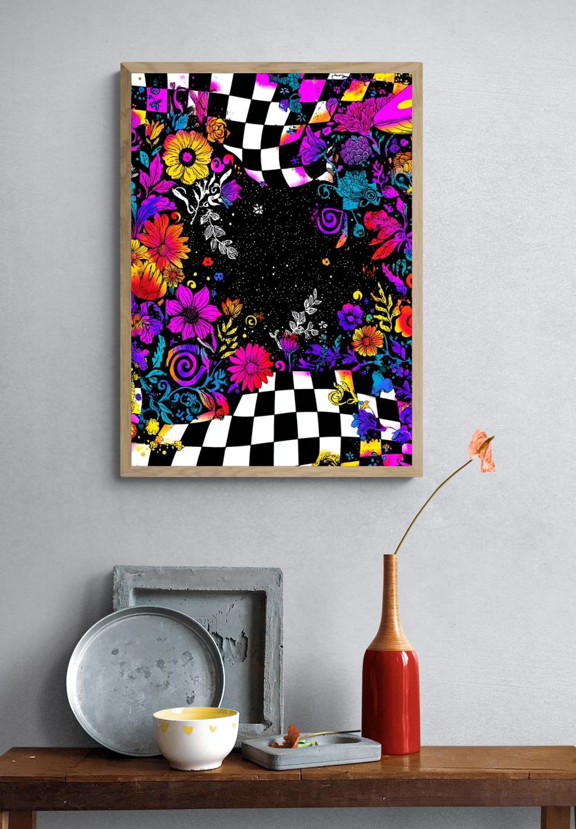 Psychedelic Floral Checkerboard Poster. — room view 3