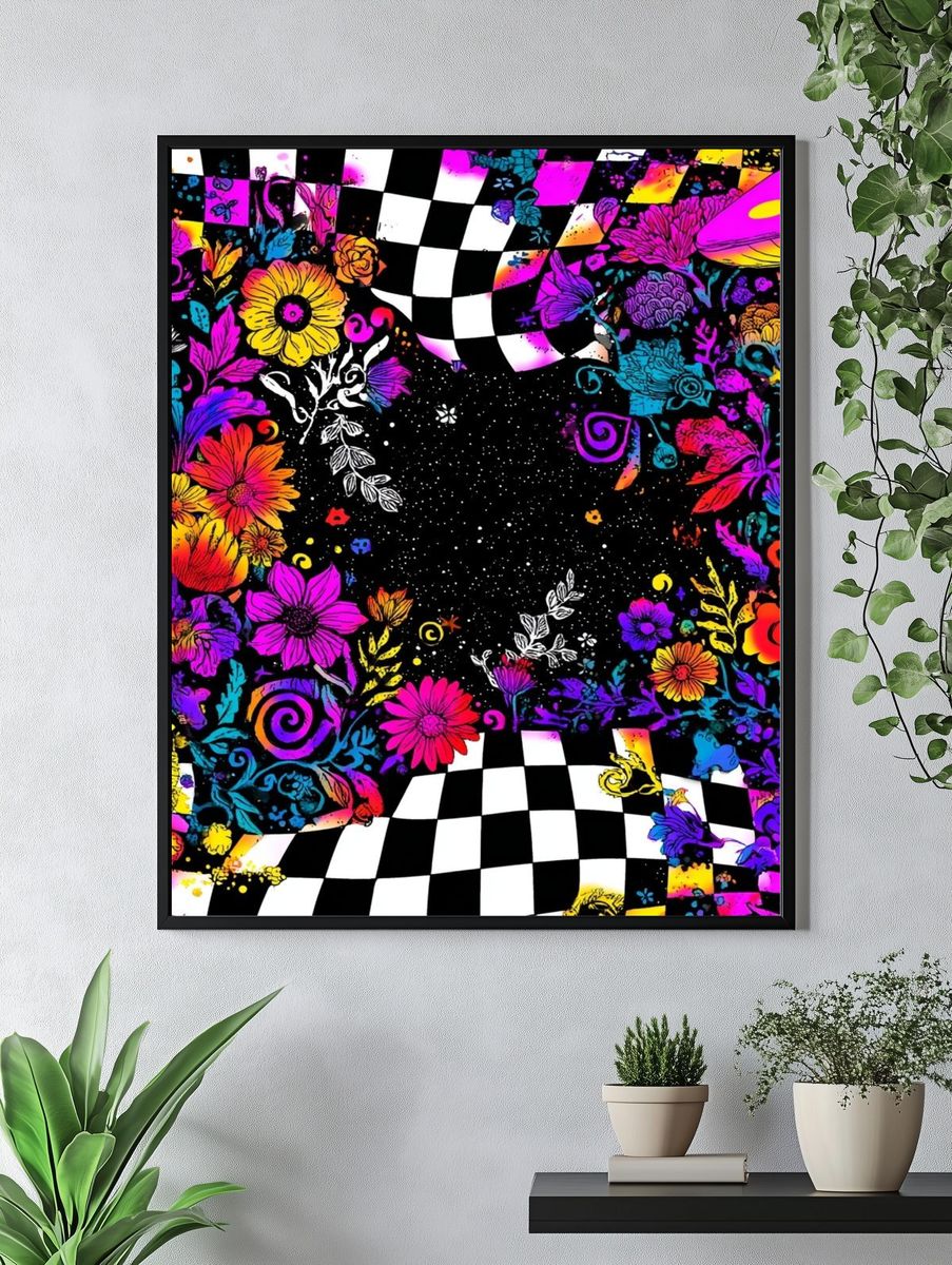 Psychedelic Floral Checkerboard Poster. — room view 4