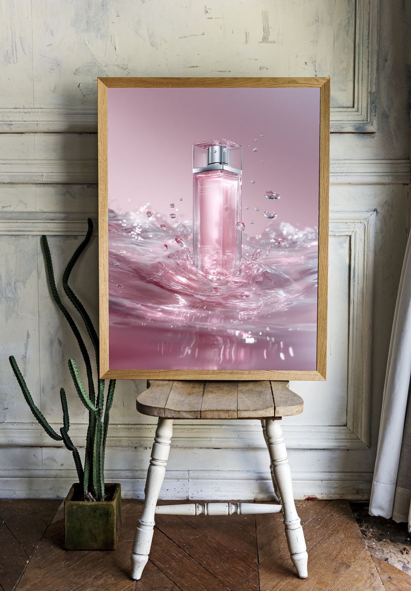 Pink Perfume Splash Photography Poster. room preview