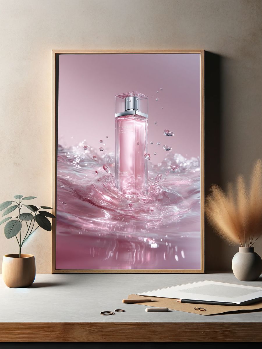 Pink Perfume Splash Photography Poster. — room view 2