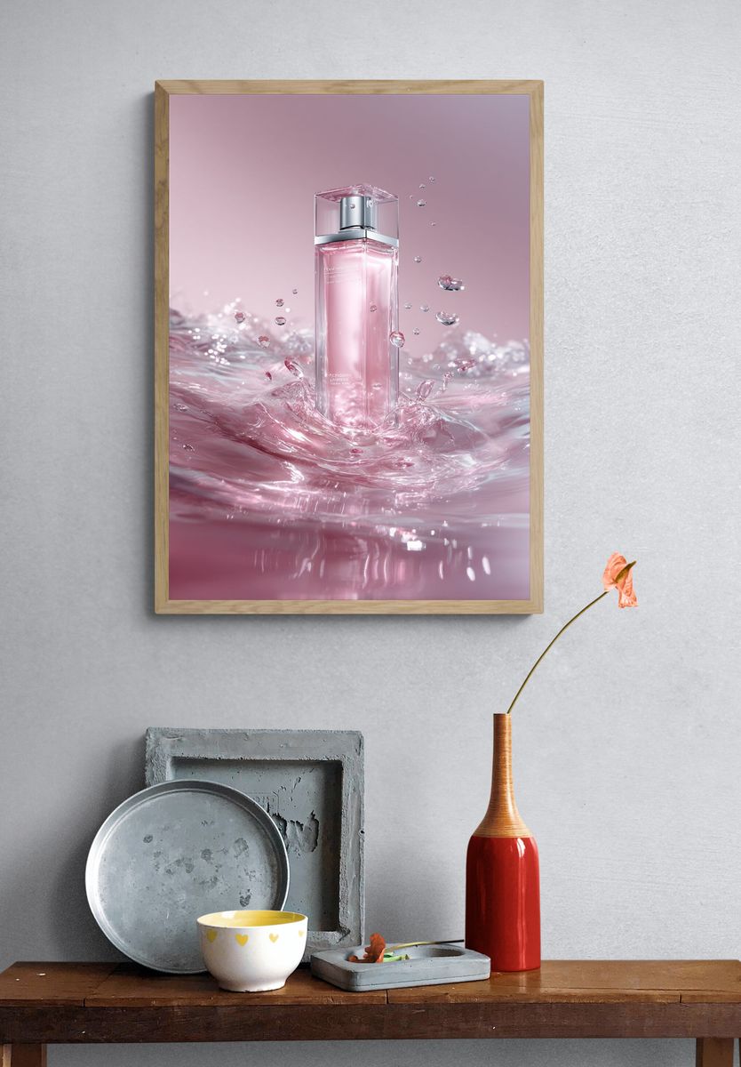 Pink Perfume Splash Photography Poster. — room view 3