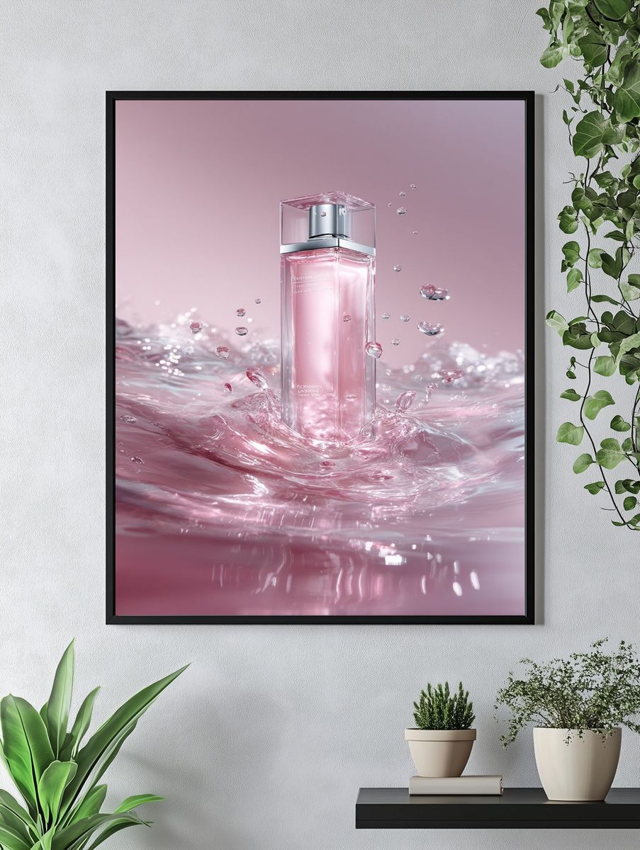 Pink Perfume Splash Photography Poster. — room view 4