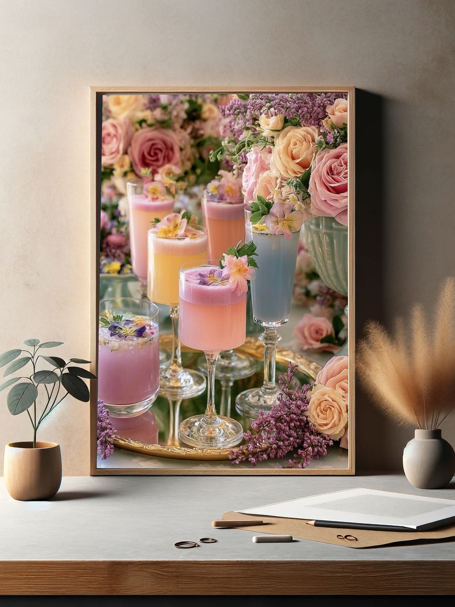 Pastel Floral Cocktails Photography Poster. — room view 2