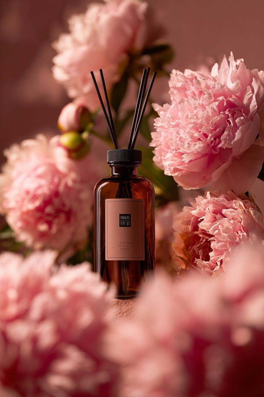 Pink Peonies Perfume Still Life Poster. poster detail