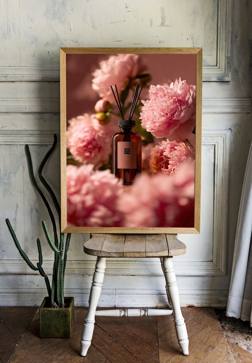 Pink Peonies Perfume Still Life Poster. room preview