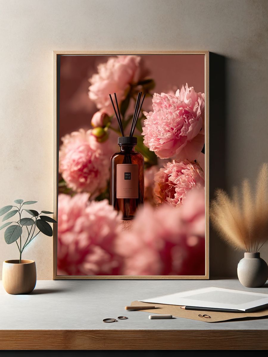 Pink Peonies Perfume Still Life Poster. — room view 2