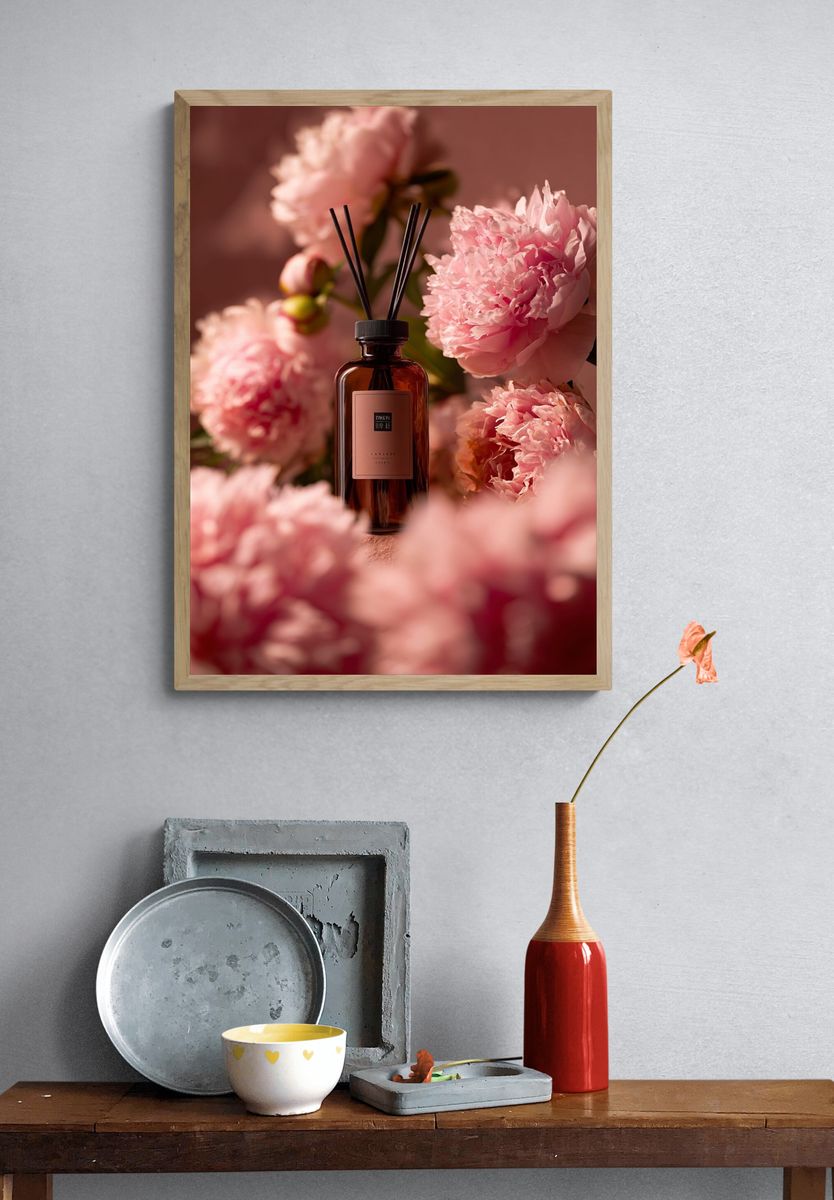 Pink Peonies Perfume Still Life Poster. — room view 3
