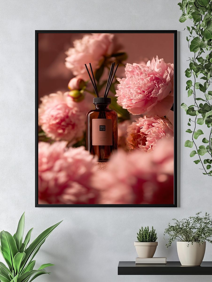 Pink Peonies Perfume Still Life Poster. — room view 4