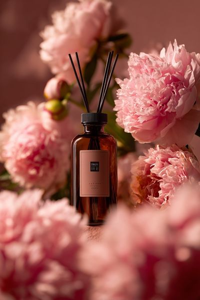 Pink Peonies Perfume Still Life Poster.