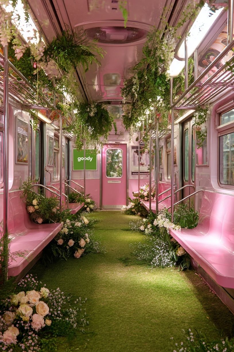 Pink Floral Train Interior Poster. poster — photography art