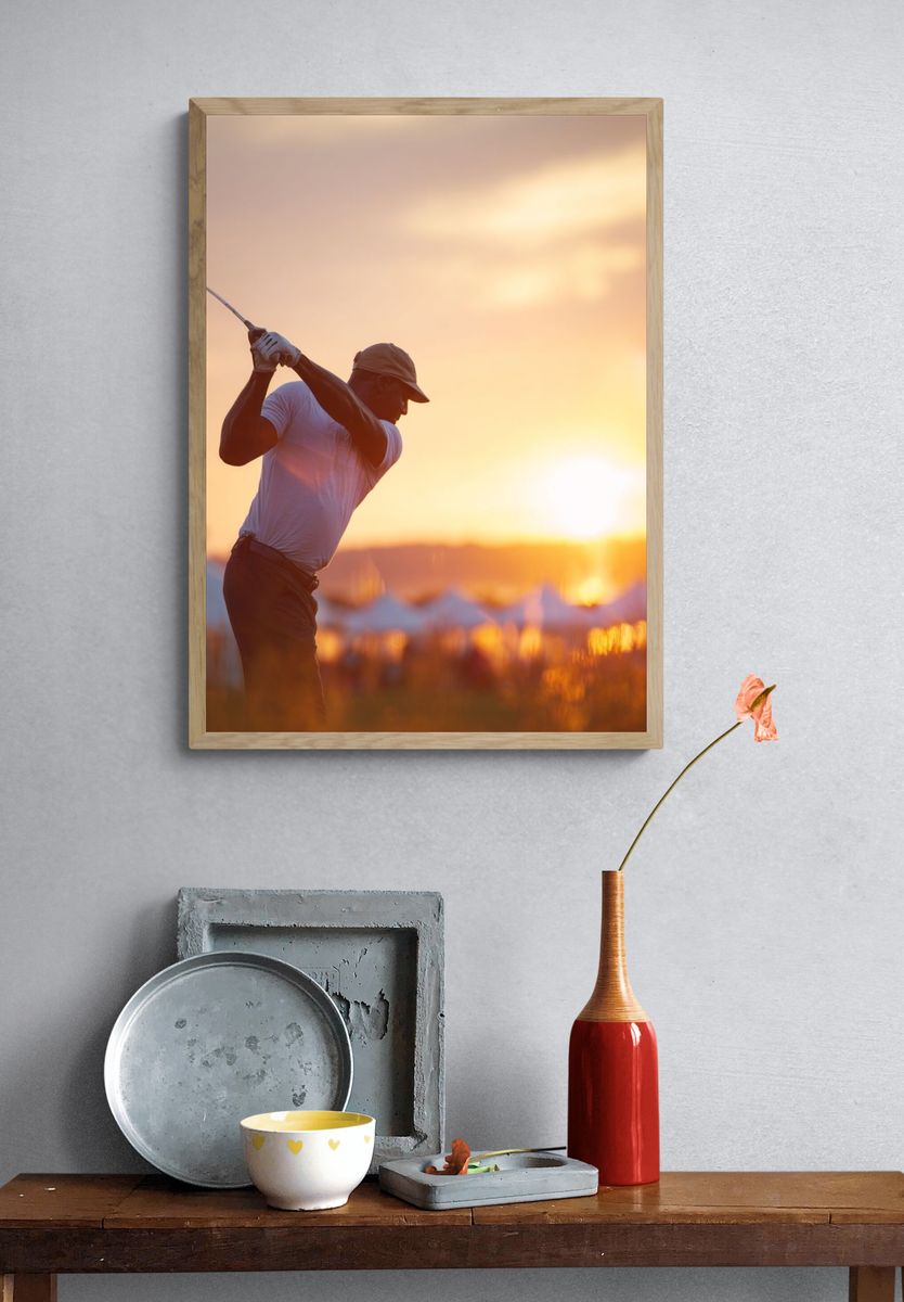 Sunset Golf Swing Photography Poster. — room view 3