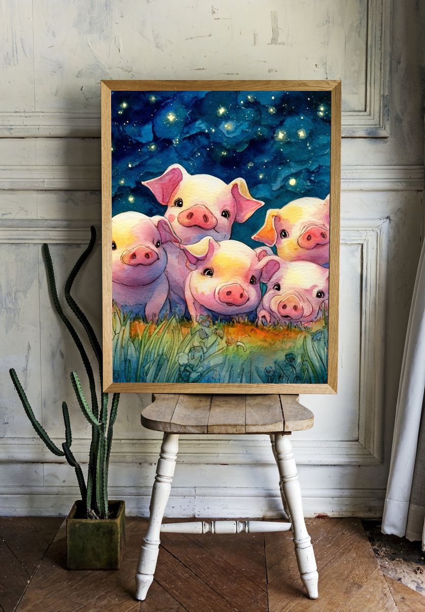 Adorable Piglets — Watercolor Print. — room view 1