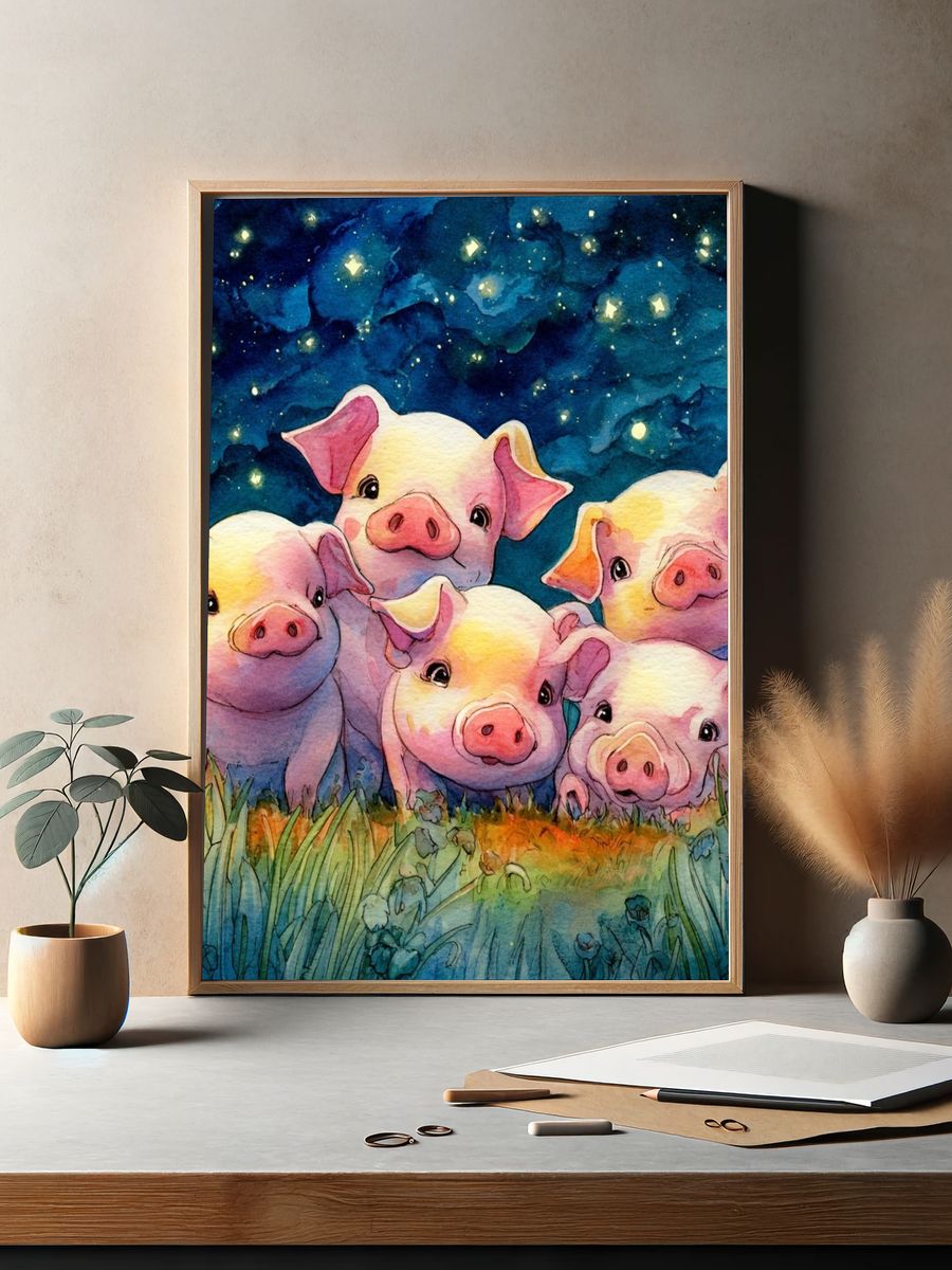 Adorable Piglets — Watercolor Print. — room view 2