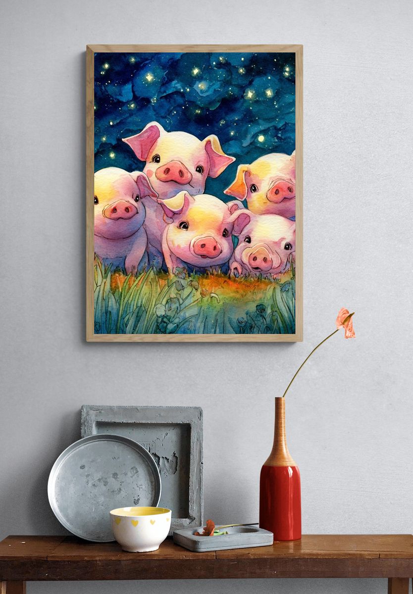 Adorable Piglets — Watercolor Print. — room view 3