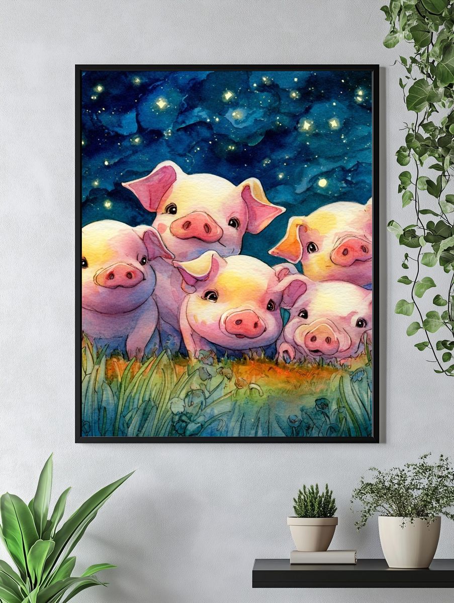 Adorable Piglets — Watercolor Print. — room view 4