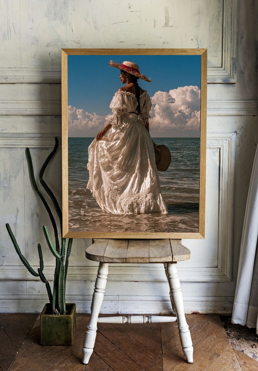 Seaside Woman in White Dress Photography Poster. room preview