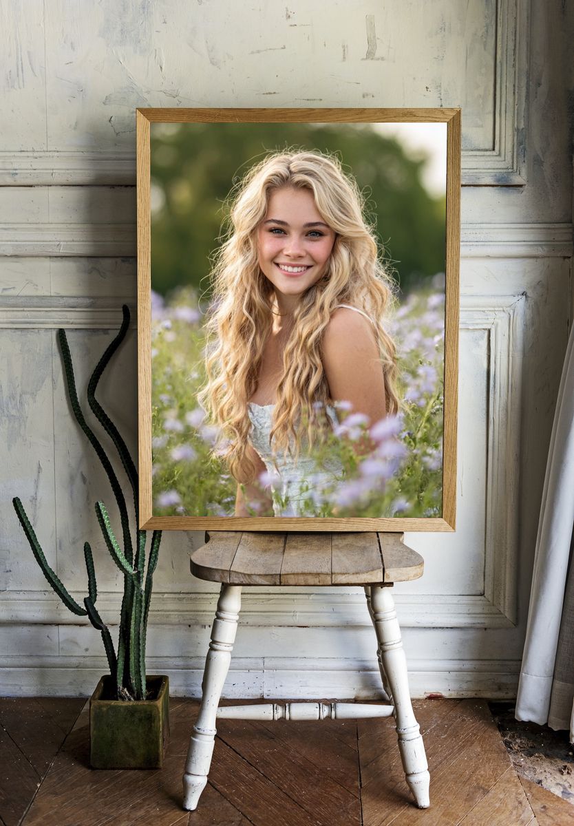 Smiling Girl in Flower Field — Photography Print. — room view 1