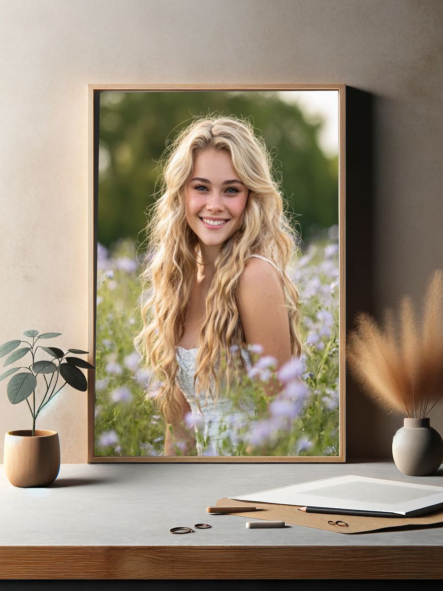 Smiling Girl in Flower Field — Photography Print. — room view 2