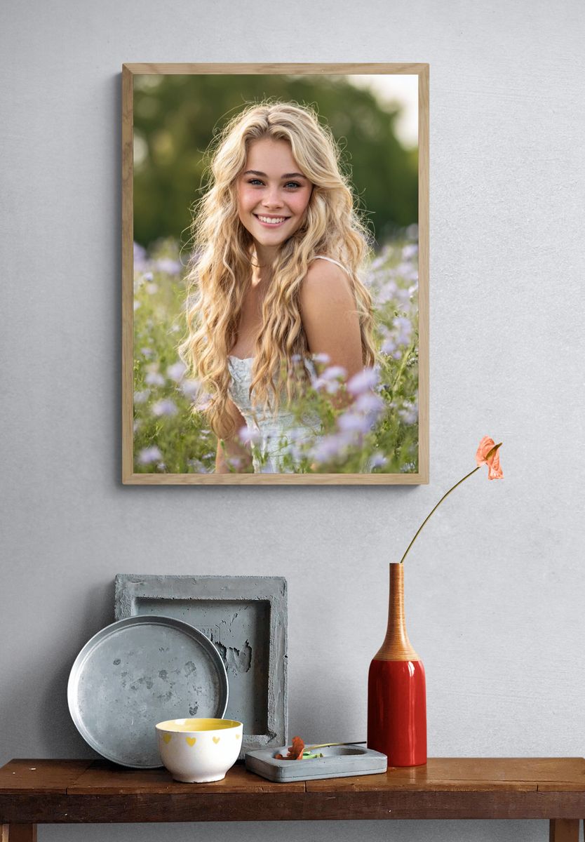 Smiling Girl in Flower Field — Photography Print. — room view 3