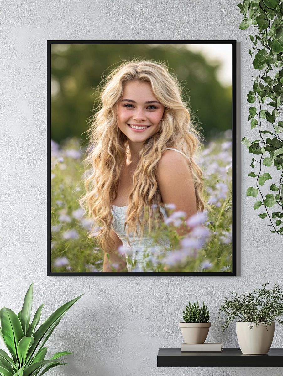 Smiling Girl in Flower Field — Photography Print. — room view 4