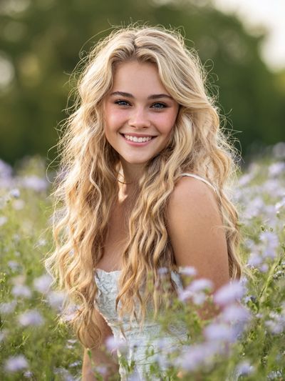 Smiling Girl in Flower Field — Photography Print. poster