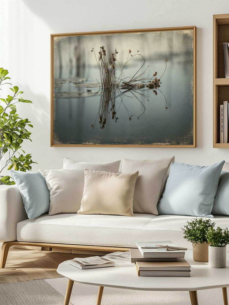Reeds on Still Water Photography Poster. — room view 2