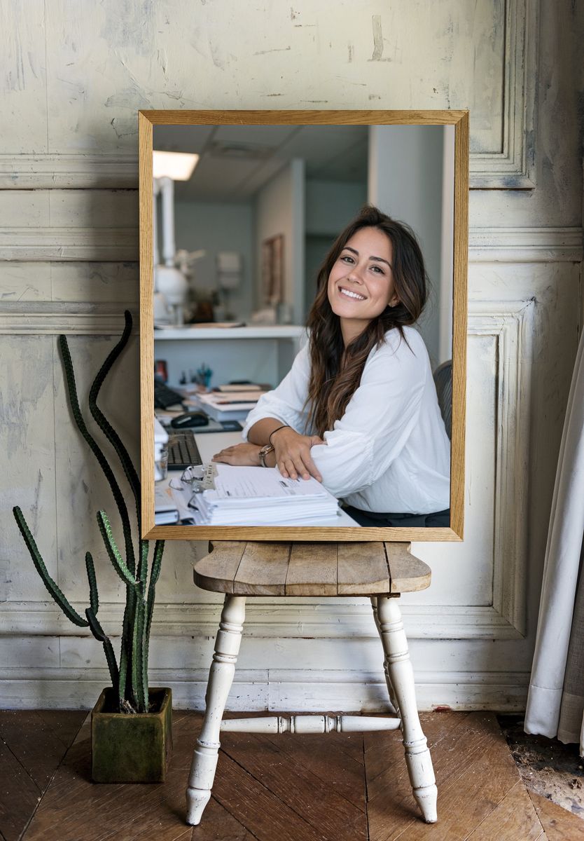 Smiling Woman in Office Photography Poster. — room view 1