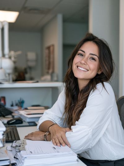 Smiling Woman in Office Photography Poster.