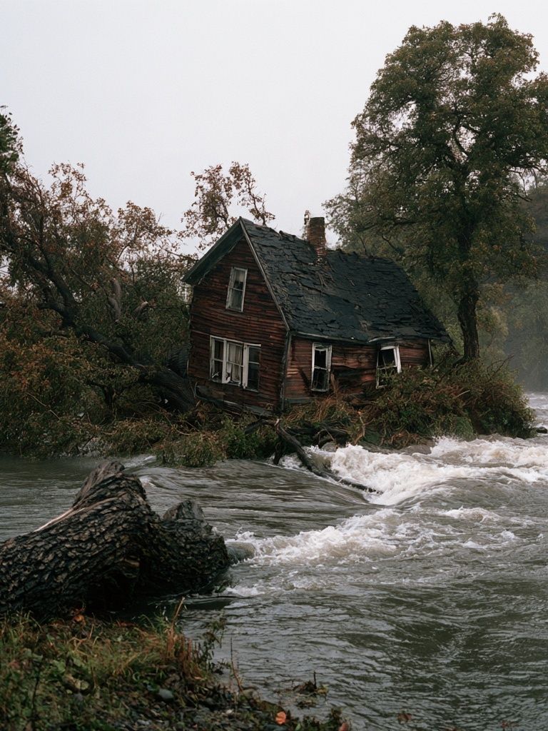 Flooded Riverside Cabin Photography Poster. poster — photography art