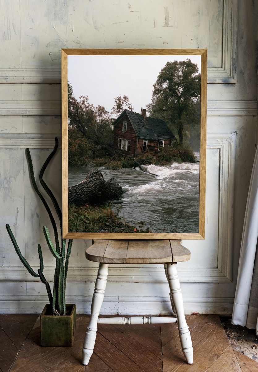Flooded Riverside Cabin Photography Poster. — room view 1