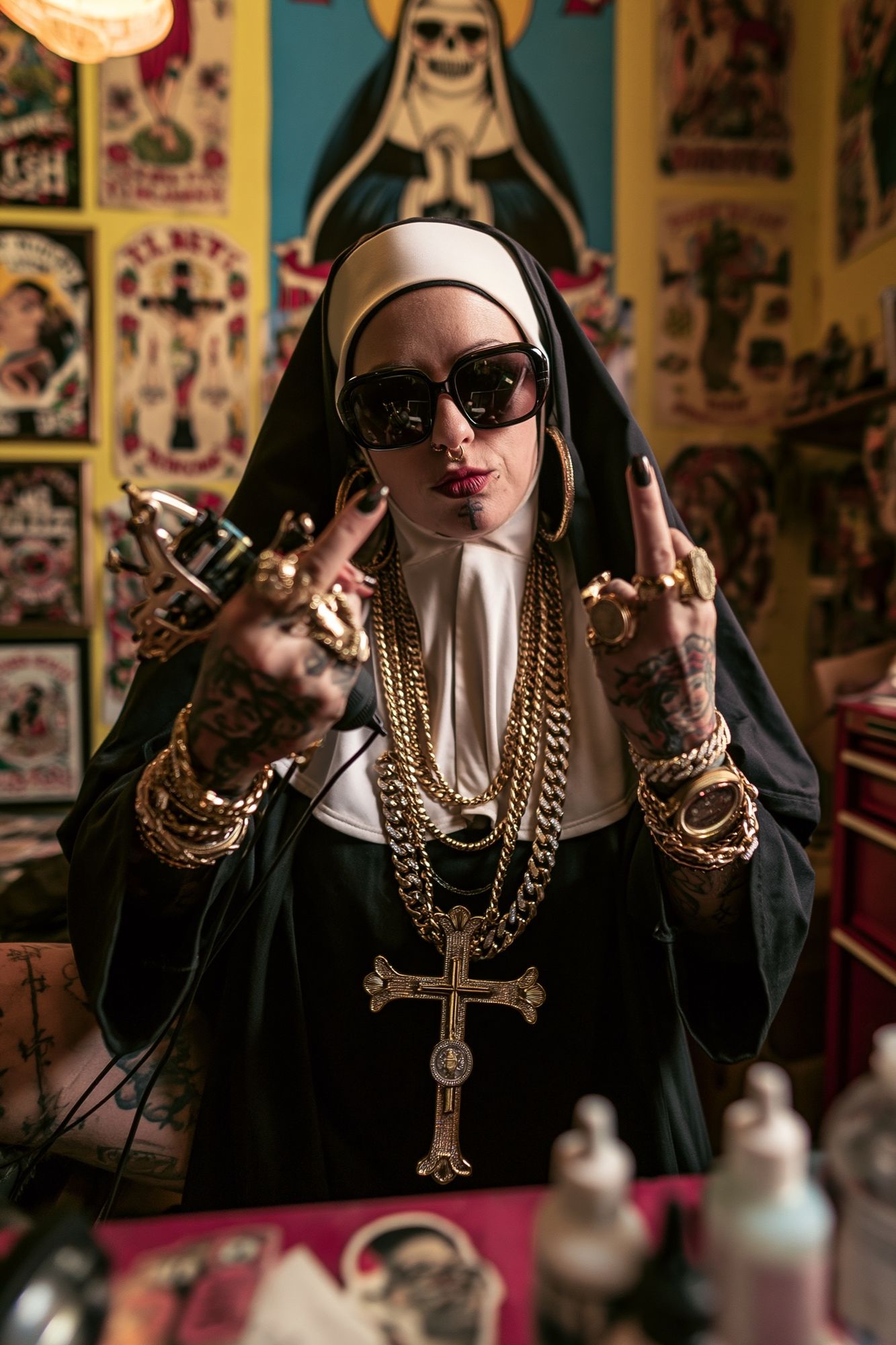 Tattooed Nun Portrait Photography Poster. poster detail