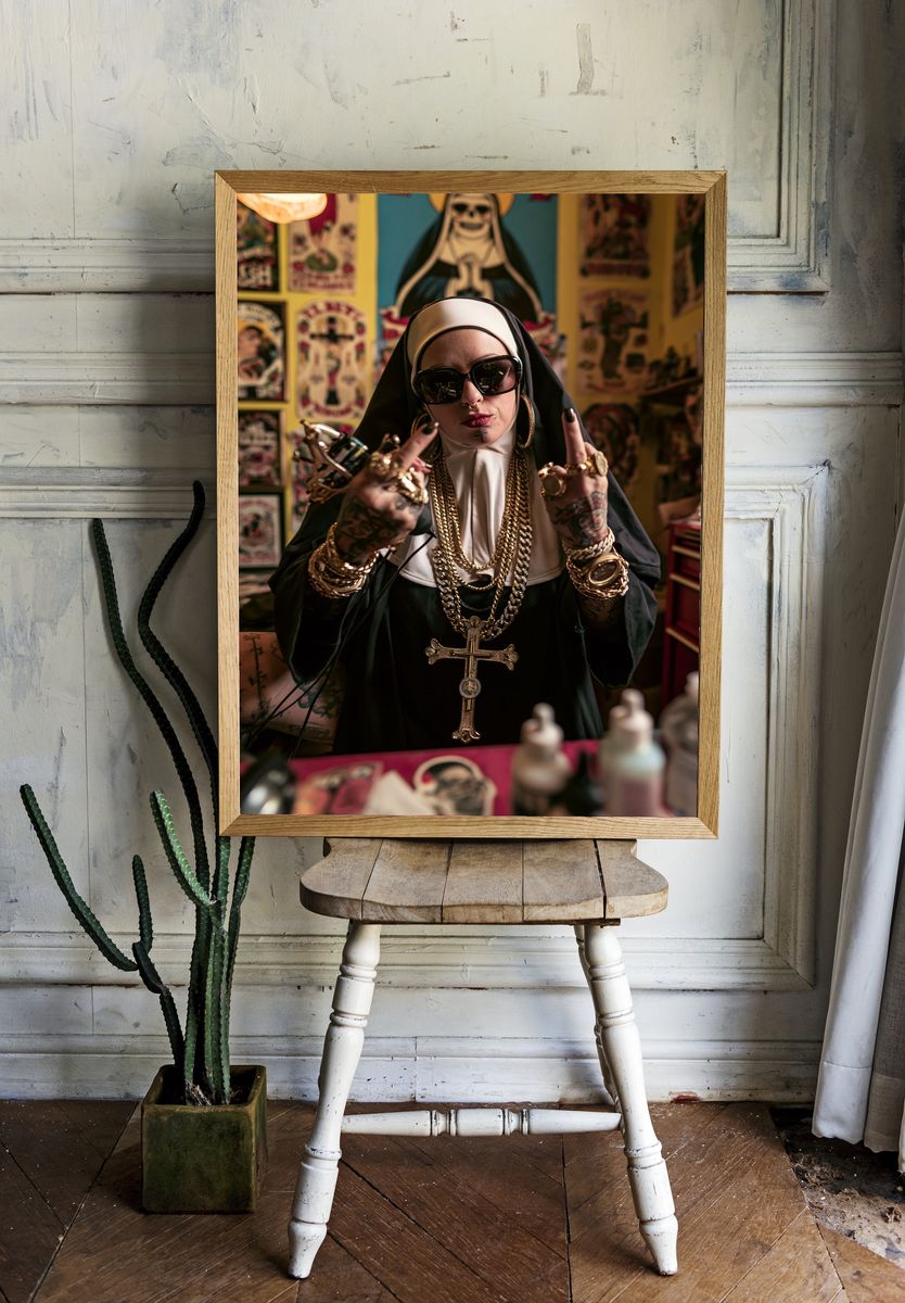 Tattooed Nun Portrait Photography Poster. room preview