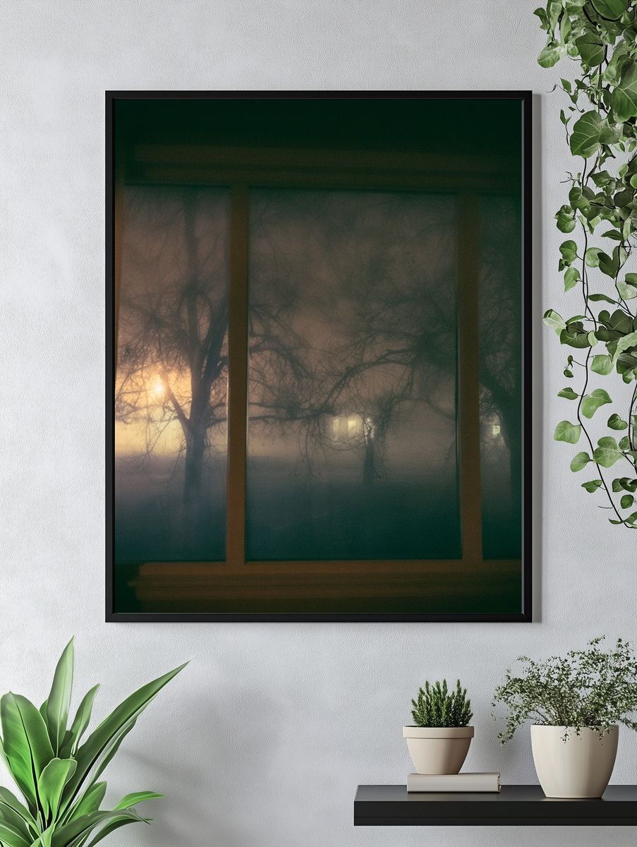 Foggy Trees at Dusk Photography Poster. — room view 4